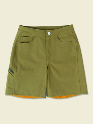 Avocado Green Ramble Scramble unisex shorts neatly laydown showing the fine craft and detail of the britches 