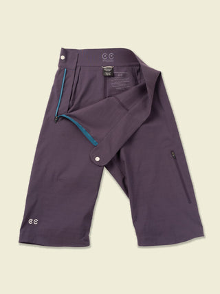 Purple Marilyn shorts with white button opened showing poem on inside