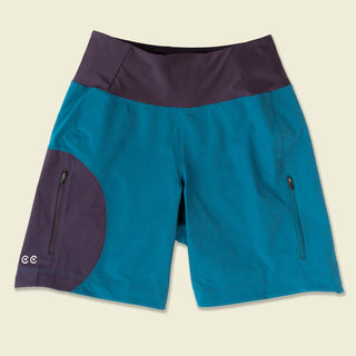 Blue shorts with circular purple color block and nightshade purple waist band laydown