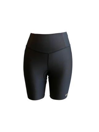 Black bike chamois on a form with high waist and high stretch and compression fabric.