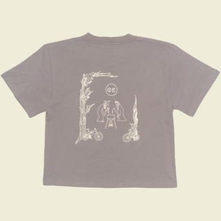 line drawing print on grey crop top in a creature filled forest of two biker witches brewing a cauldron of bike grease potion