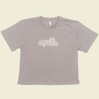 Curious Creatures logo print on the front of a light grey crop top tee shirt outlined with bugs and bikes