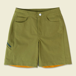 Avocado Green Ramble Scramble unisex shorts neatly laydown showing the fine craft and detail of the britches 