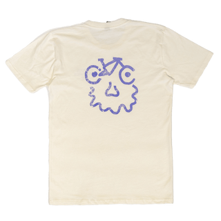 Natural White tee laydown with purple bikeface screen print graphic on back