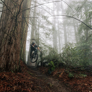 Grant boosts off a root on an early morning ride in the misty rain forests on his home trails in Santa Cruz