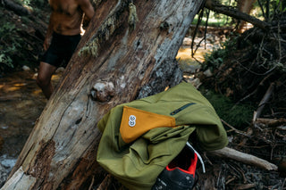 The Curious Creatures eyes logo pop on a pair of Avocado Green shorts with a Buckthorn brown color block left on log at the bank of a creek